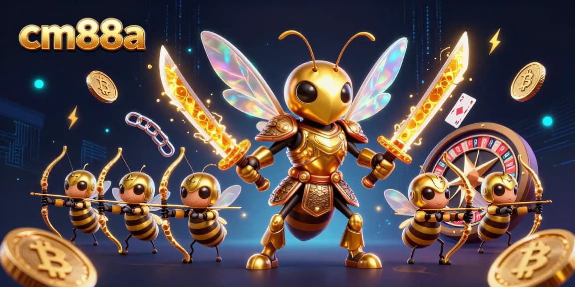 Engage with cm88a's dynamic casino world, where a hornet warrior leads with katanas amid crypto coins and gaming excitement.