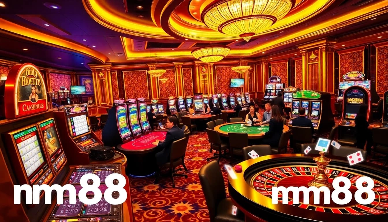 Experience high-stakes action at mm88's luxury casino filled with vibrant slot machines and excited players.