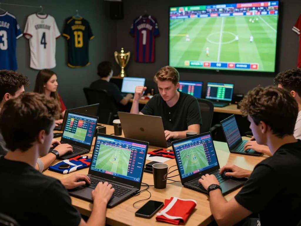 Engaging online betting experience with kèo nhà cái displayed on vibrant screens, showing diverse people sharing excitement during live sports.