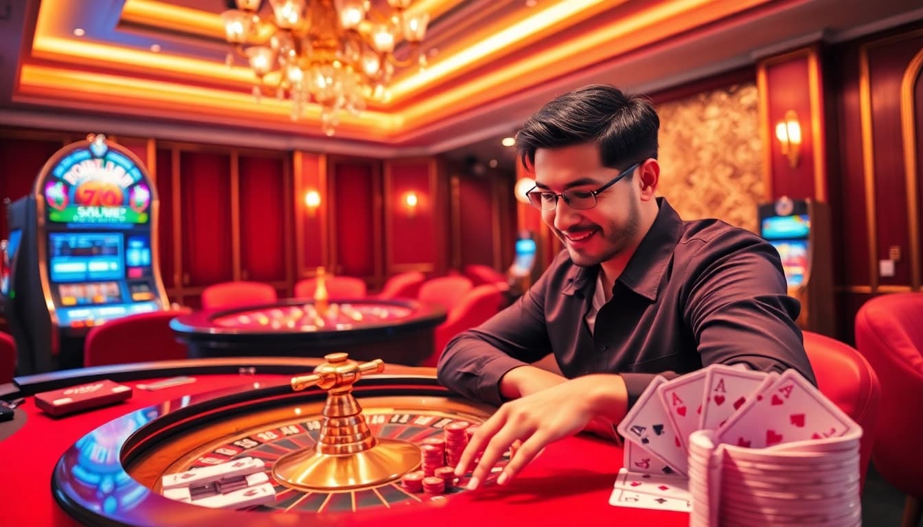 Engaging in a thrilling casino scene with hello88, showcasing vibrant games and luxury atmosphere.