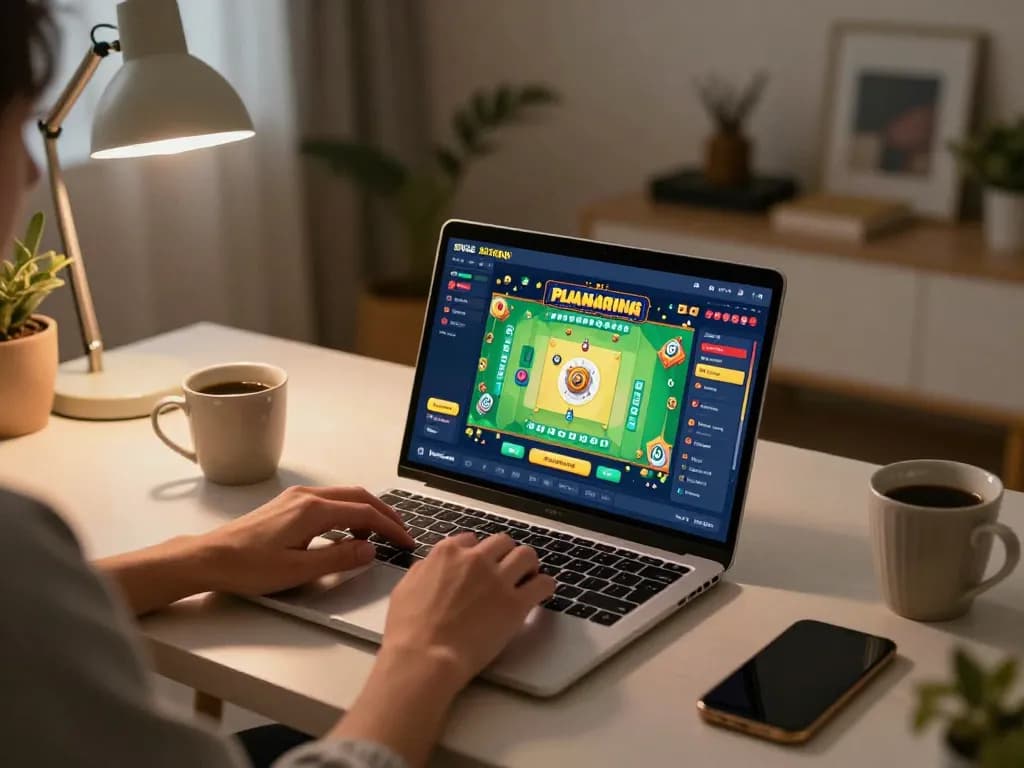 Engaging gameplay on situs slot mahjong displayed on a laptop in a cozy home setting.