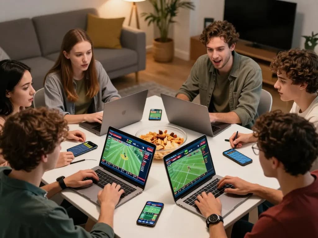Friends enjoying a lively home sports betting session while planning their next fc88k wager with excitement.