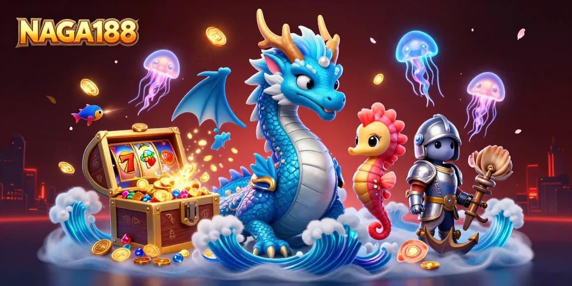 NAGA188 menghadirkan ilustrasi karakter kasino 3D imersif yang meliputi naga air, ksatria kuda laut, dan permainan slot dengan perpaduan warna menarik.