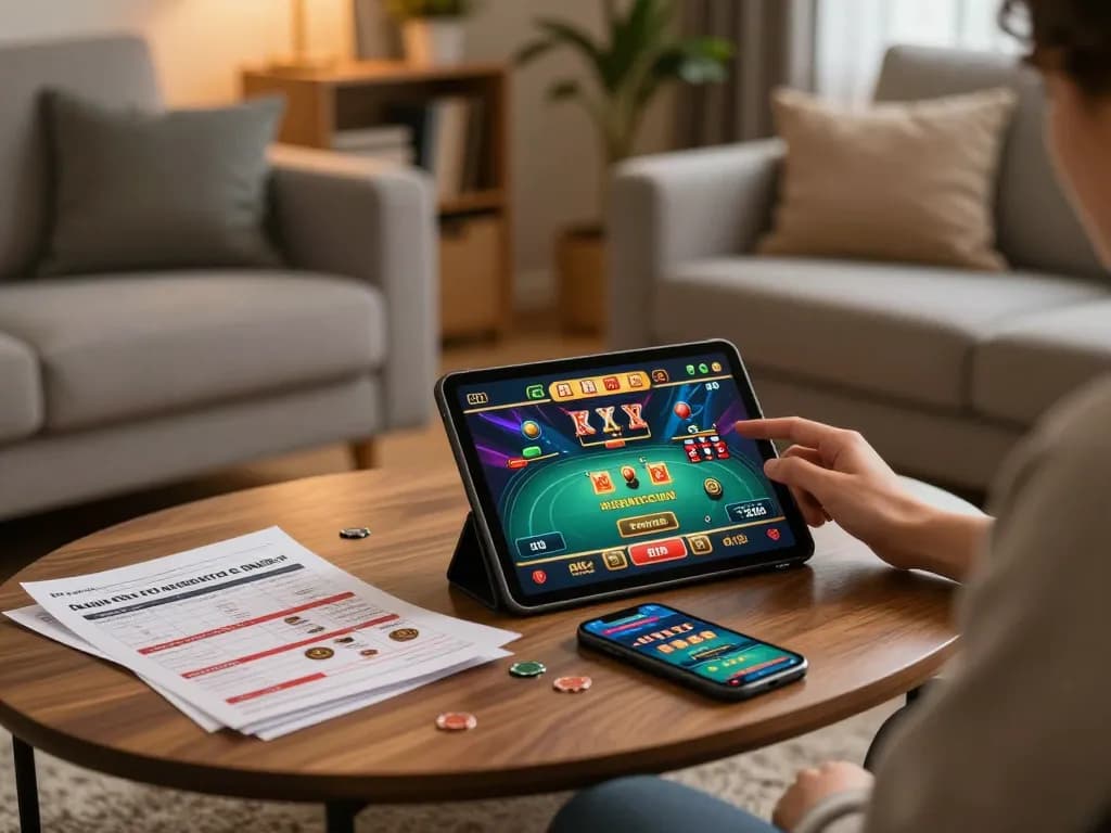Person engages in online mb66 gaming on a tablet in a cozy living room setting