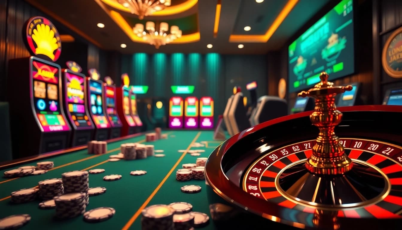 Experience PG Demo thrills at an elegant casino table with vibrant slot machines and roulette.
