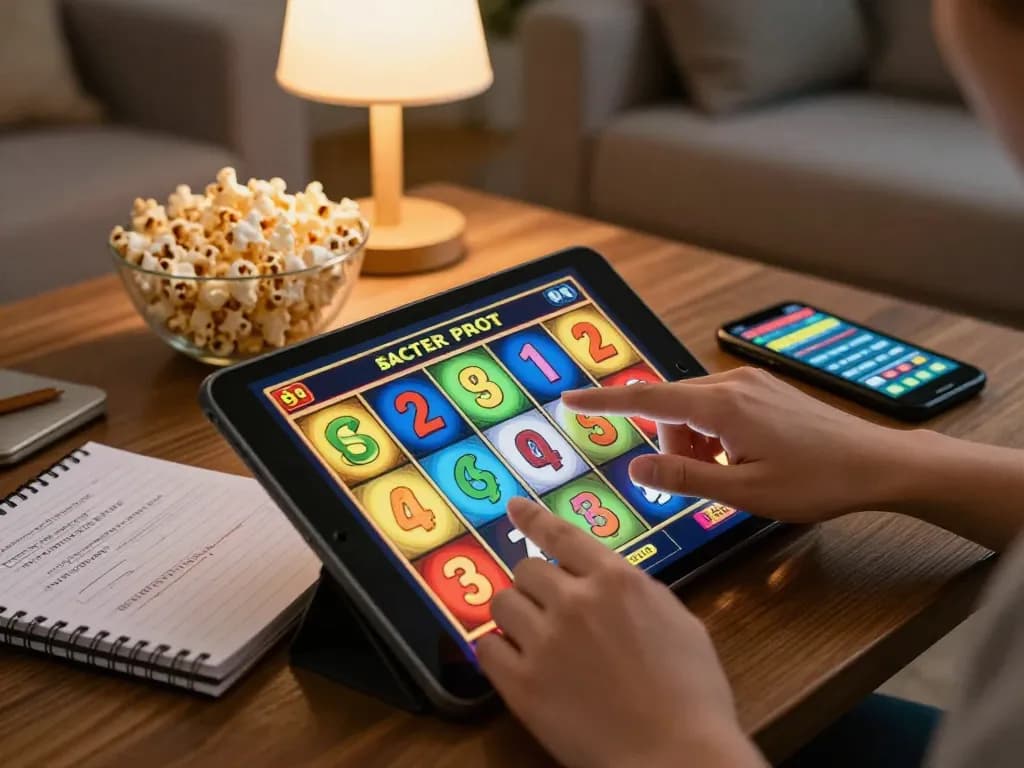 Player spinning online slot reels on tablet in a cozy gaming setup