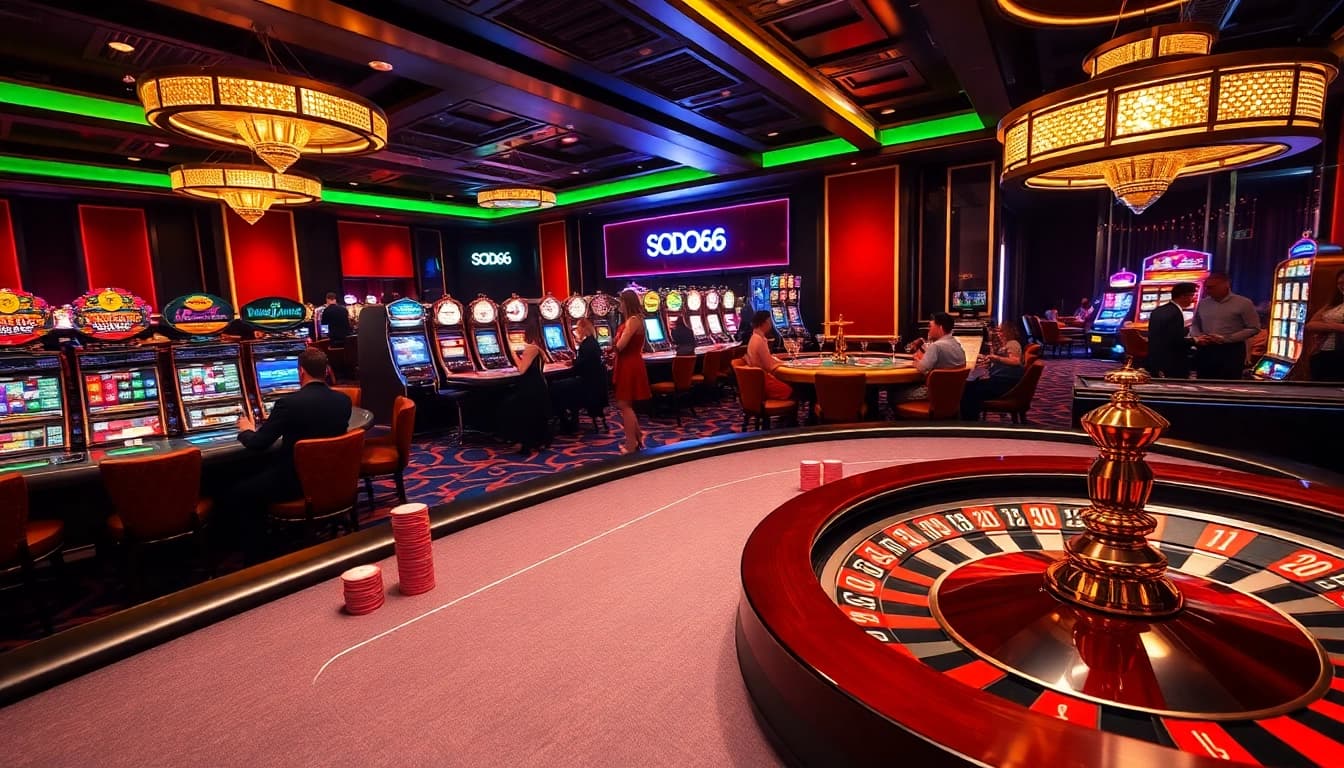 Experience the excitement of gaming at SODO66 with lavish casino elements featuring poker and roulette.