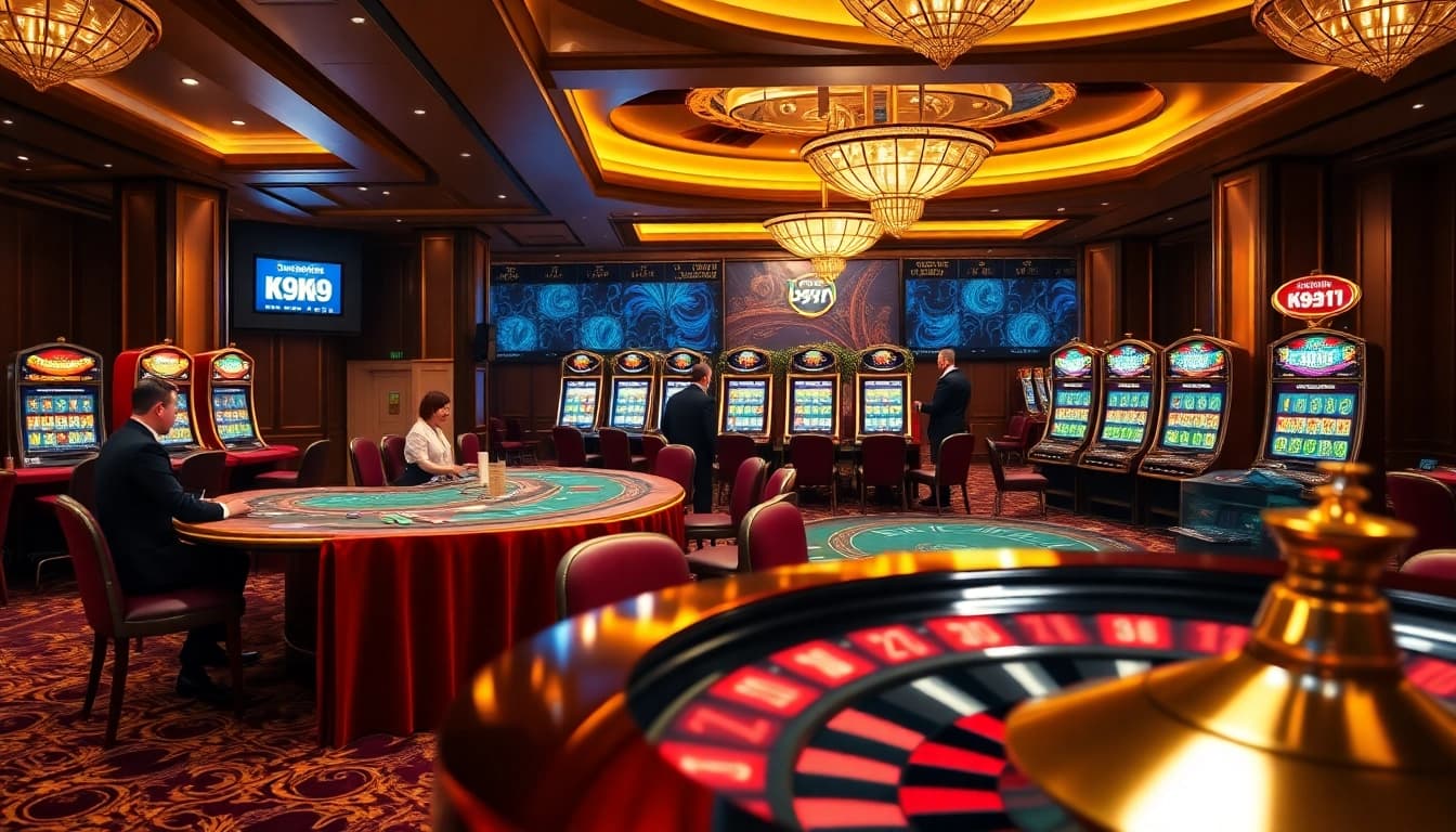 K9K9 players enjoying dynamic gaming experience at an upscale online casino with vibrant tables and professional dealers.