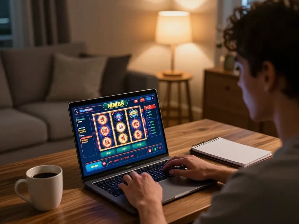 Engaging in MM88 online casino games on a laptop in a cozy home setting.
