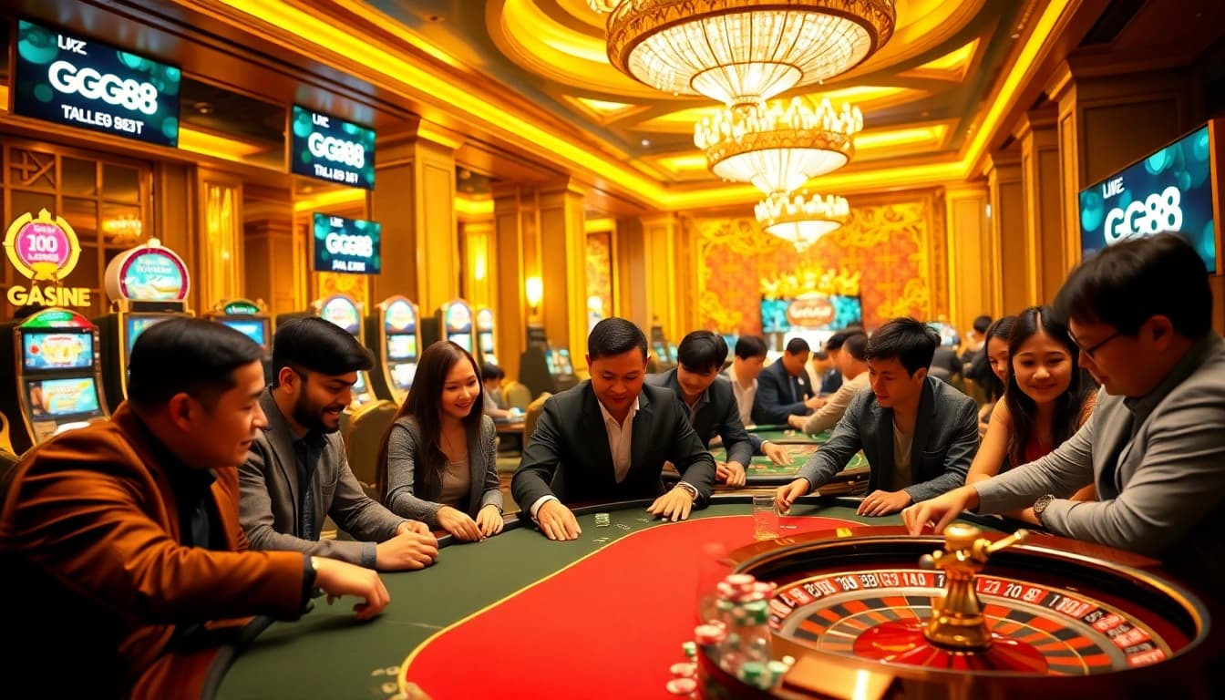 Excited players placing bets at the luxurious GG88 casino table amidst vibrant gambling visuals.