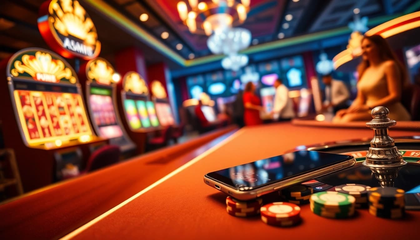 S8 smartphone displayed among poker chips and a roulette wheel in an upscale casino.