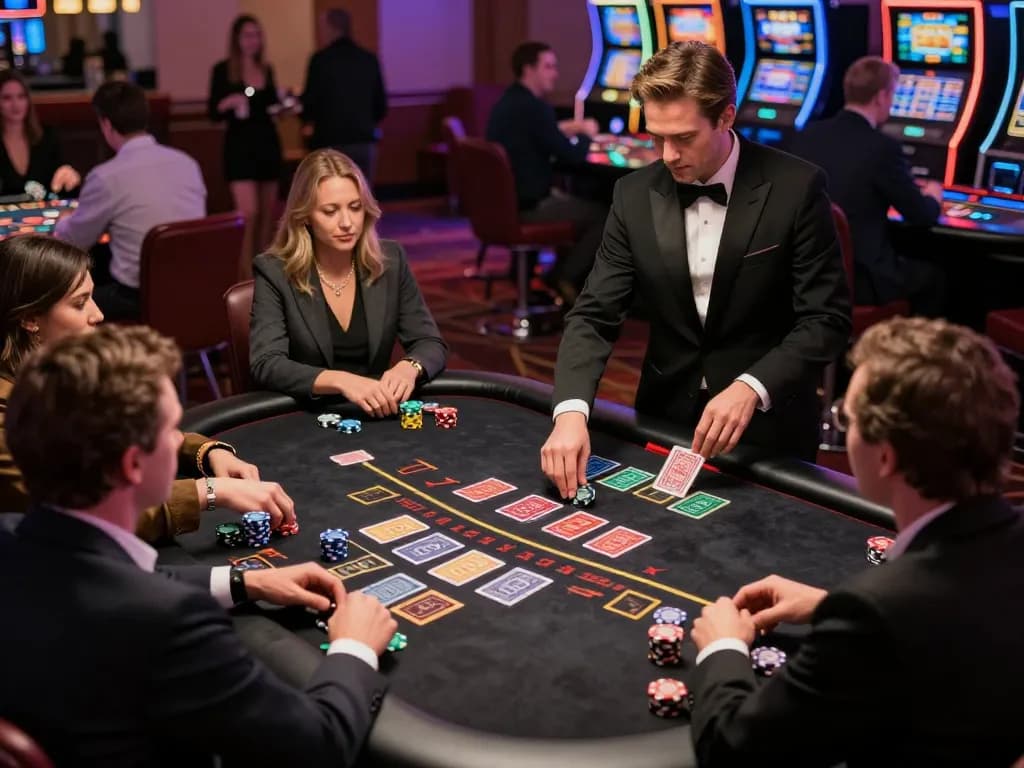 ku88 players enjoying an intense blackjack game at a dynamic casino table with vibrant atmosphere