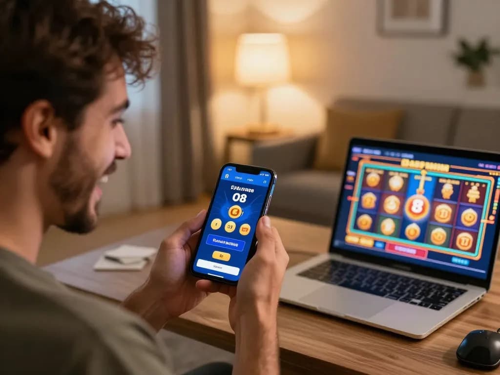 The victorious player celebrates a payout on the O8 app in a cozy home gaming setup.