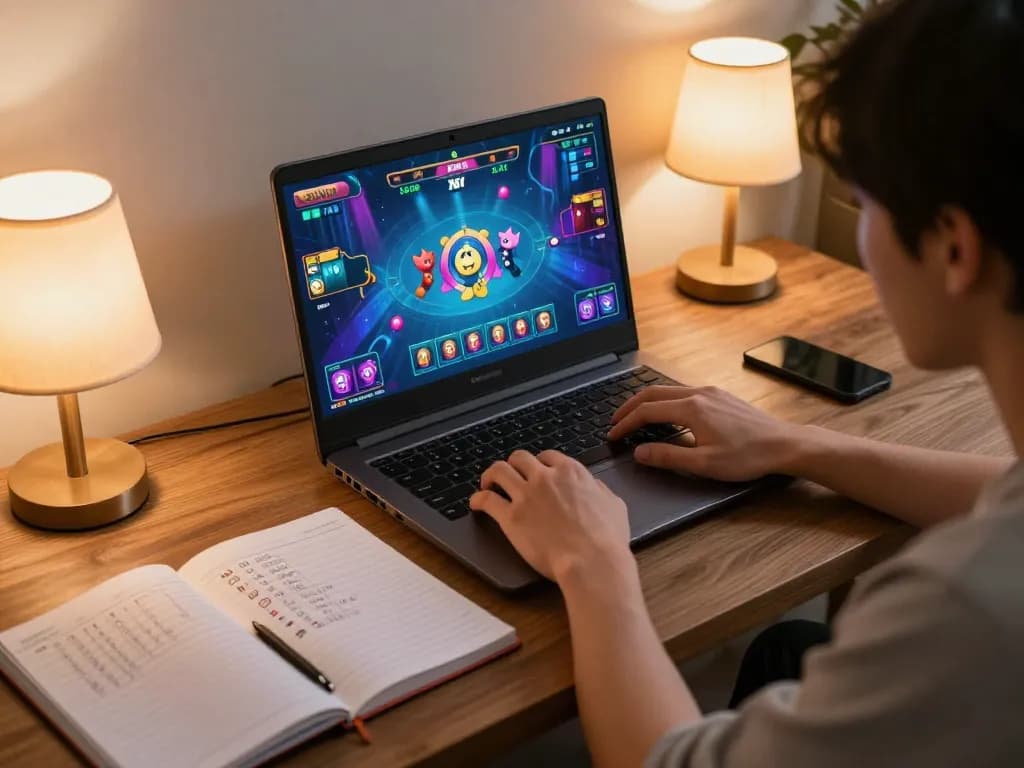 Player enjoying tài xỉu online on a laptop, showcasing a cozy gaming setup with strategy notes.