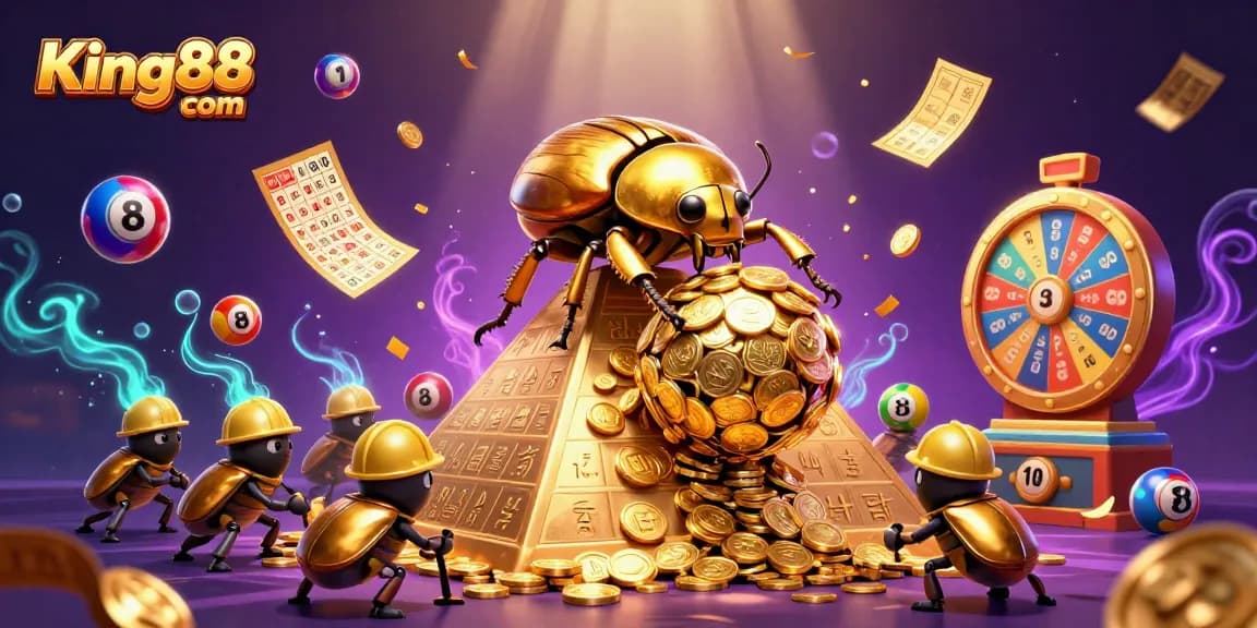 Engage with King88 com's vibrant gambling world featuring a golden beetle and colorful lottery elements.