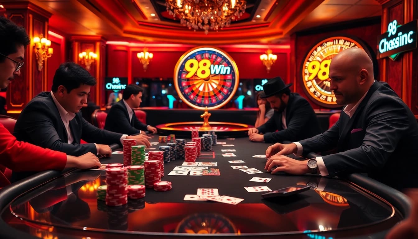 Experience a thrilling poker game at 98Win's luxurious casino, featuring vibrant chips and cards.