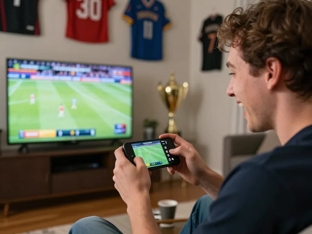 Pengguna Master88 dengan serius memasang taruhan di smartphone sambil menikmati permainan olahraga langsung di rumah yang nyaman.