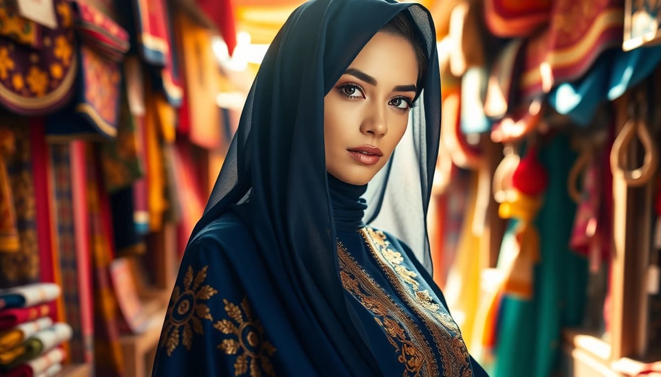 Elevate your style with stunning abaya from premier Abaya manufacturer showcasing intricate designs in a vibrant market.