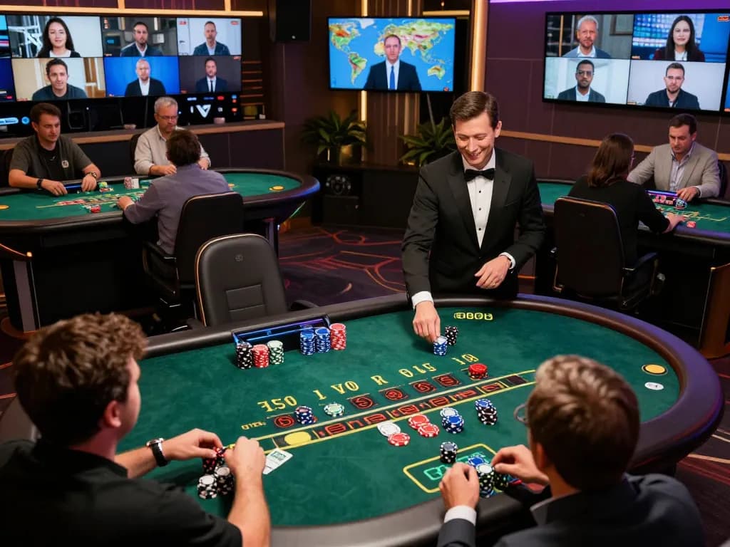 Engaging online blackjack gameplay at NOHU90 with a charismatic dealer and players on screens.