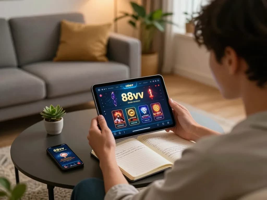 Engaged player using the 88vv app for online casino games in a cozy home setting.