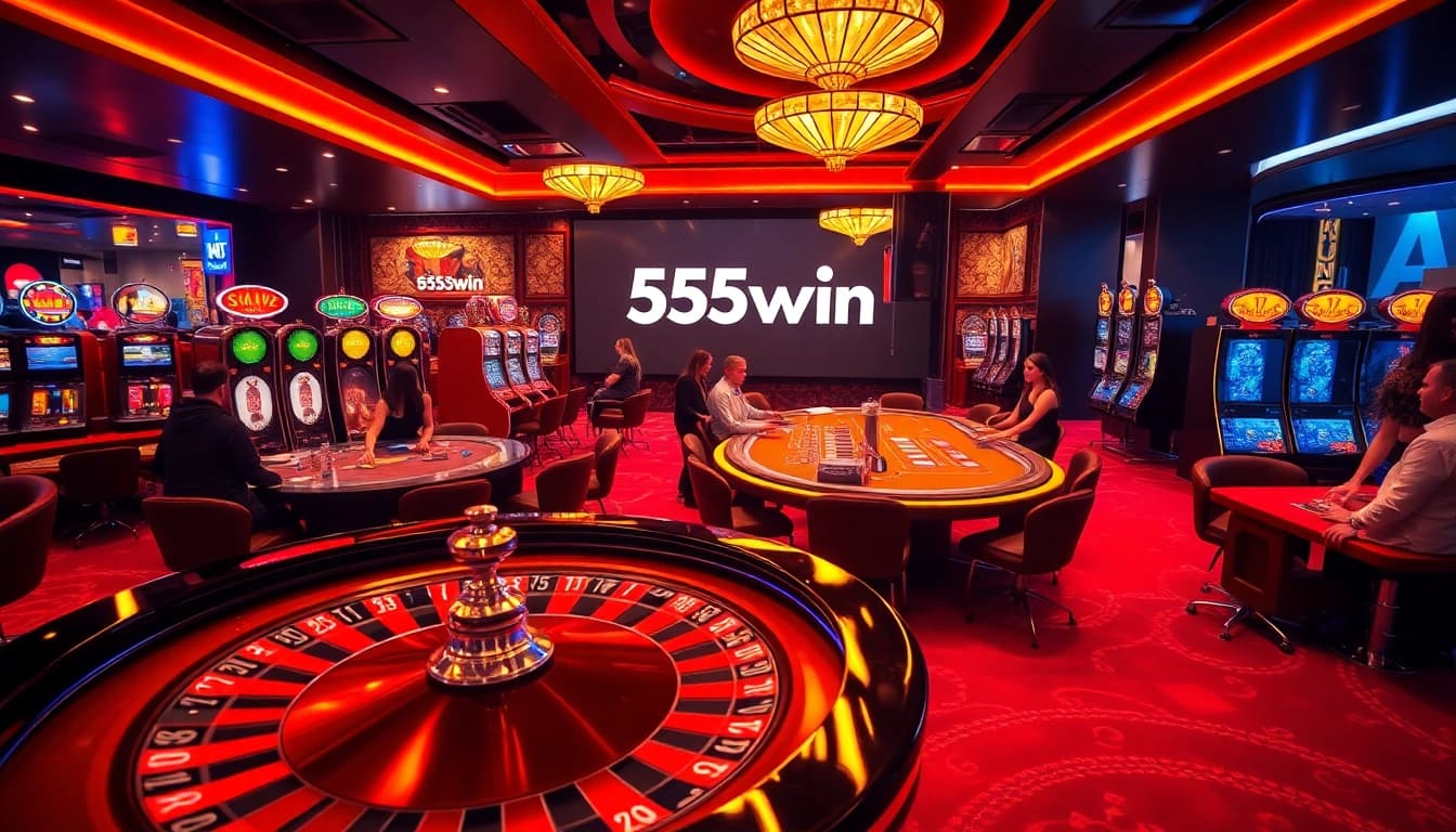 Excited players engaging at 555win casino tables and slots.