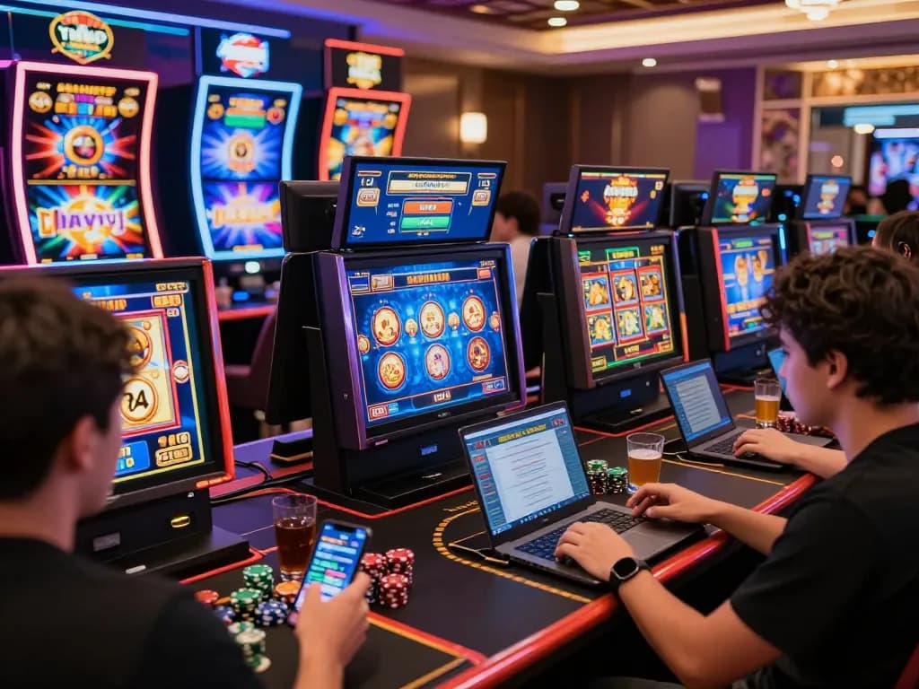 Players immersed in thrilling slot games at 88pulsa, showcasing excitement and community in a vibrant online casino atmosphere.