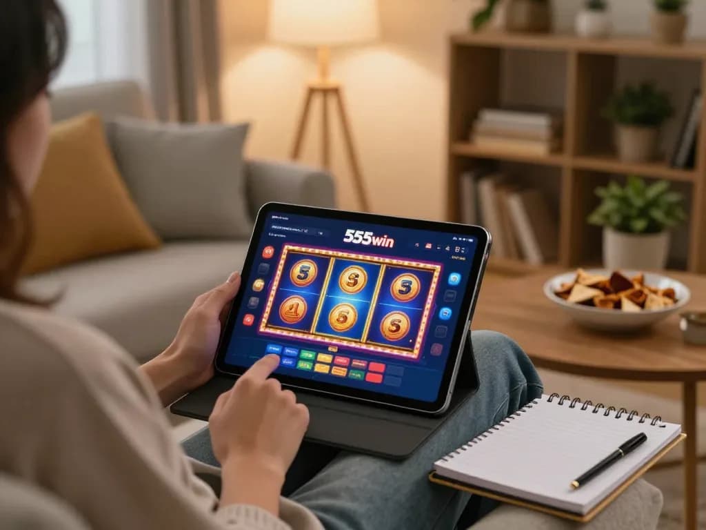 A person enjoying 555win online gaming on a tablet, surrounded by a cozy home atmosphere.