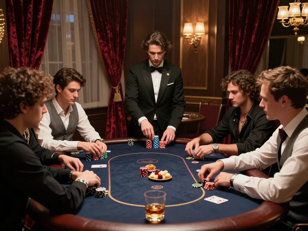 Players engaging in an intense VK88 poker game at a high-end casino table with drinks and snacks.