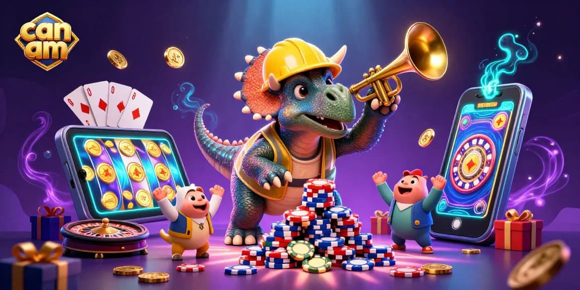 Can Am-themed casino illustration featuring triceratops building poker chip pyramid amidst vibrant gaming elements.