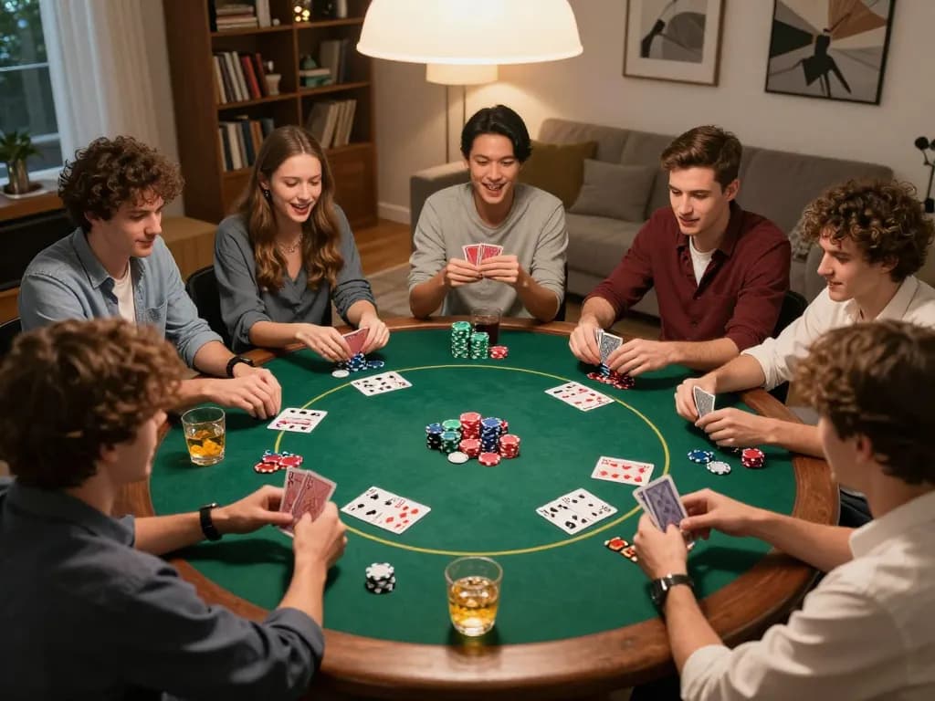 Friends strategizing over poker chips and cards during a VB88 game night in a cozy setting.