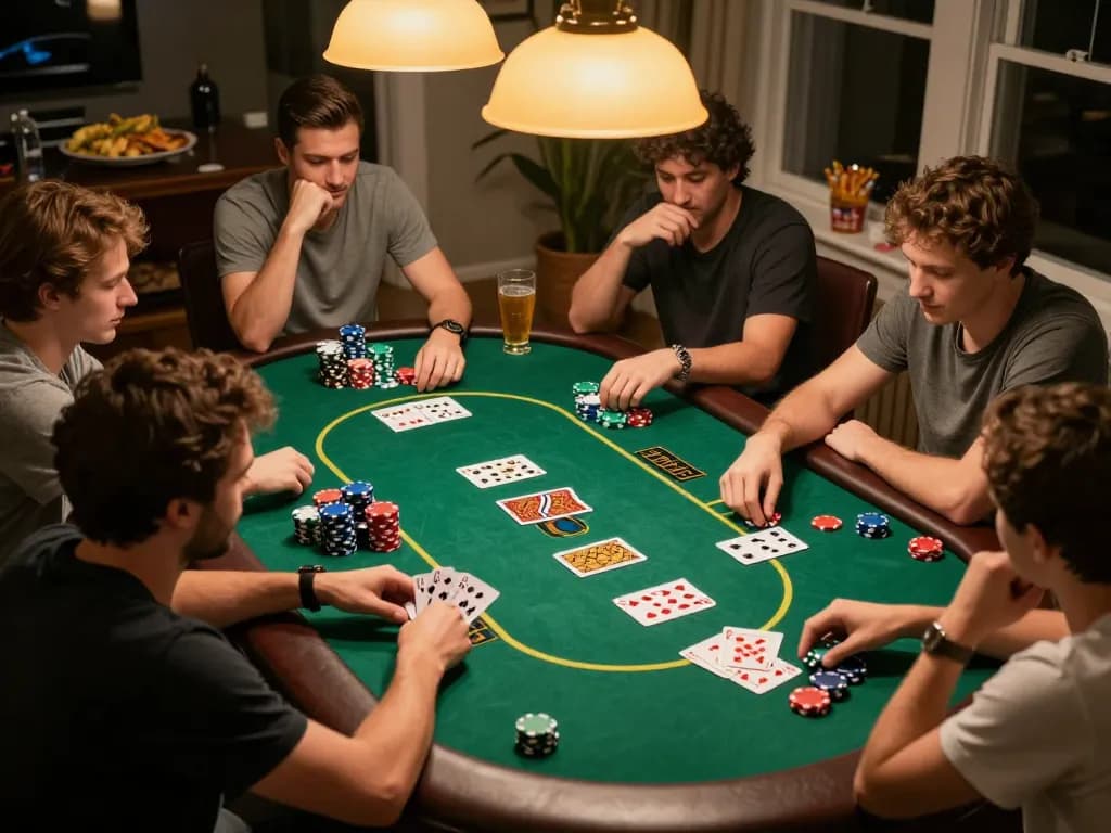 Engaging home poker night scene, showcasing strategic gameplay with friends, vibrant poker chips, and a cozy atmosphere in a compact setting. Linking to the keyword 링크모음 for accessible gambling strate