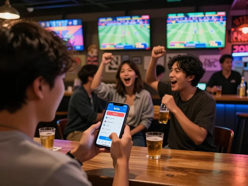 Soi Kèo sports betting in lively bar with fans placing bets and watching games.