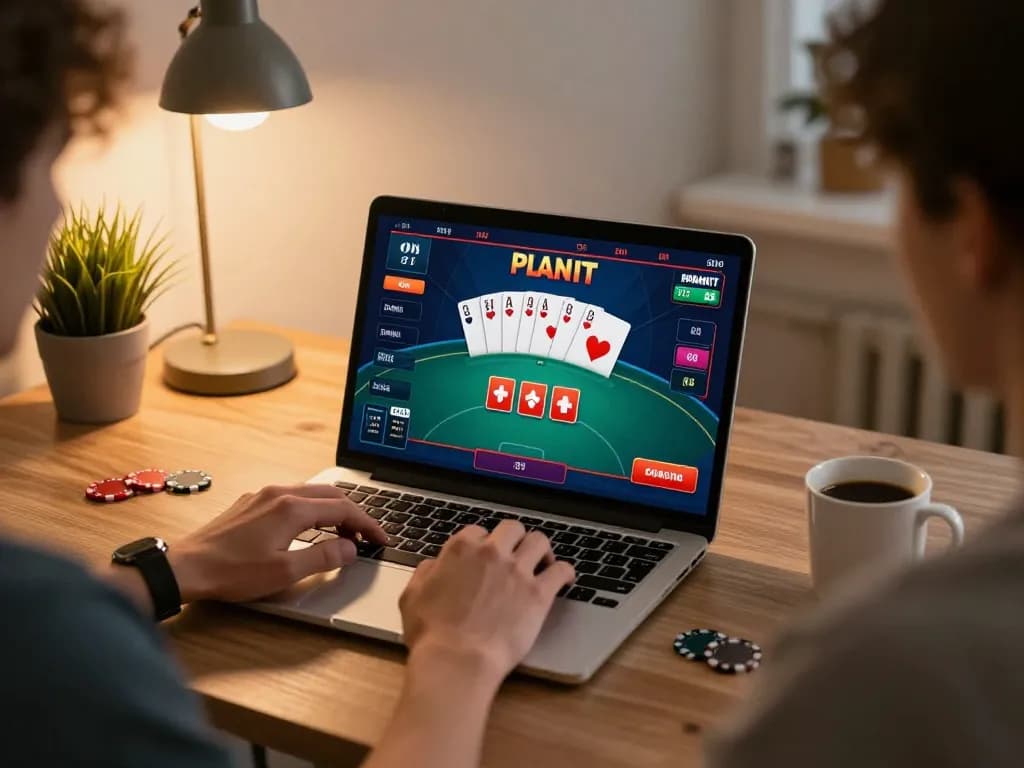 uu88 player engaging with online poker game on laptop in a cozy home setup