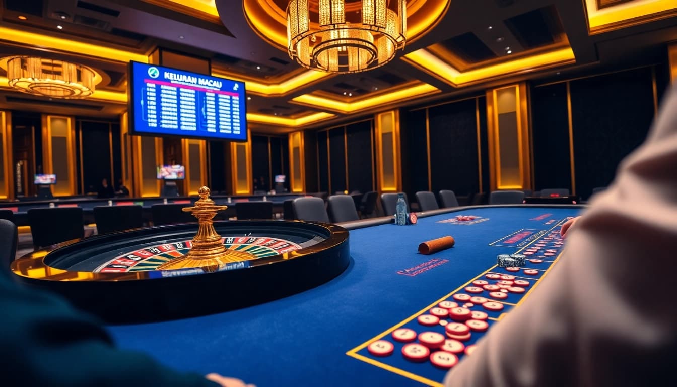 Keluaran Macau results displayed on a vibrant casino table with chips and cards.