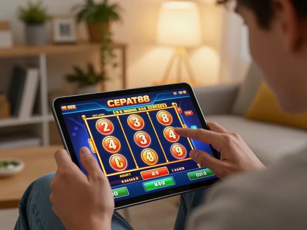 Pemain yang menikmati permainan mendebarkan di tablet CEPAT88, menampilkan aksi kasino online yang menarik di ruang tamu yang nyaman.