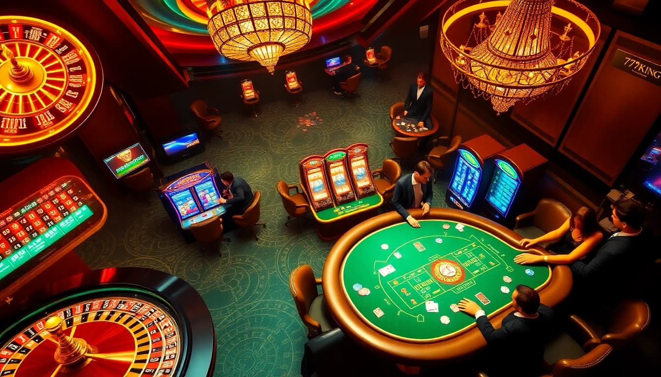 Gamblers strategizing at a luxurious 79king casino table with colorful chips and cards.