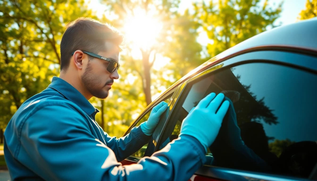 Enhance your vehicle with expert window tinting Cleveland TN, showcasing precise tint application by a skilled technician.
