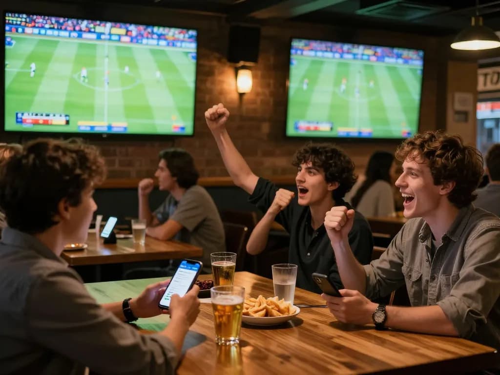 Fans engaged in sports betting on uu88 app while watching a live football match.