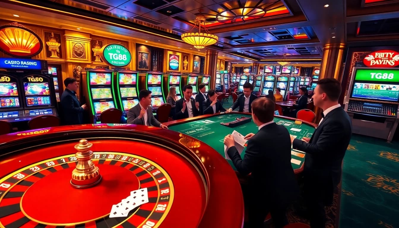 Exciting players engage with TG88 at a luxurious casino with vibrant roulette and slot machines.