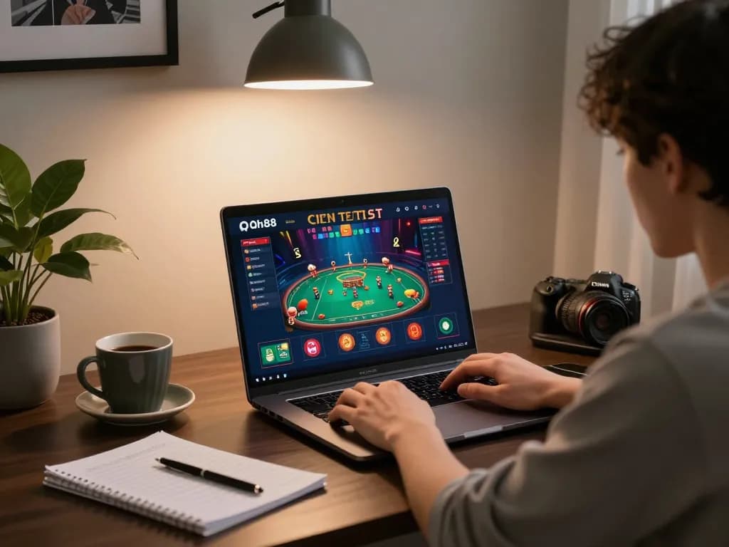 Experience Qh88 chính thức online gaming with an engaging laptop interface in a cozy, stylish environment.