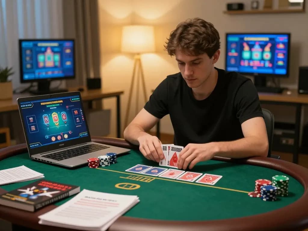 Nagawon daftar gameplay with a focused player analyzing poker cards online in a cozy home.