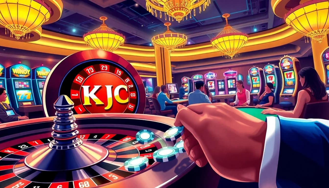 KJC logo featured prominently while players enjoy a vibrant casino poker scene.