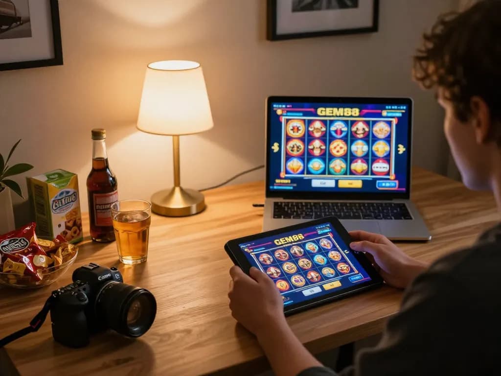 GEM88 player engaging with vibrant slot games on tablet in cozy home setting