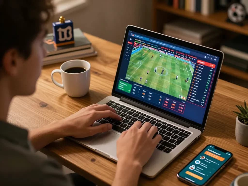 Engaged user placing live bets on debet while enjoying a warm study atmosphere.