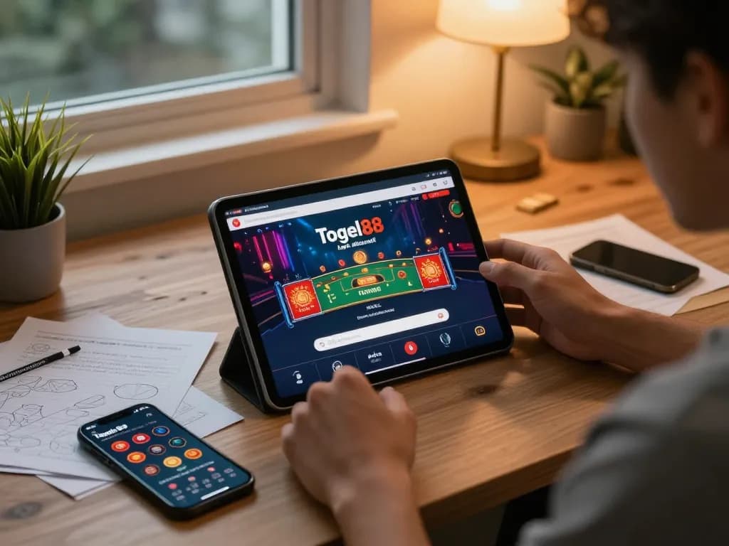 Togel88 Login Link Alternatif accessed on tablet showing live games in a cozy home setting.