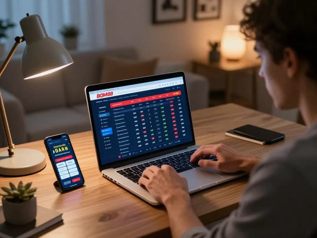 BOM88 sports betting interface displayed on laptop while placing bets in a cozy home office.