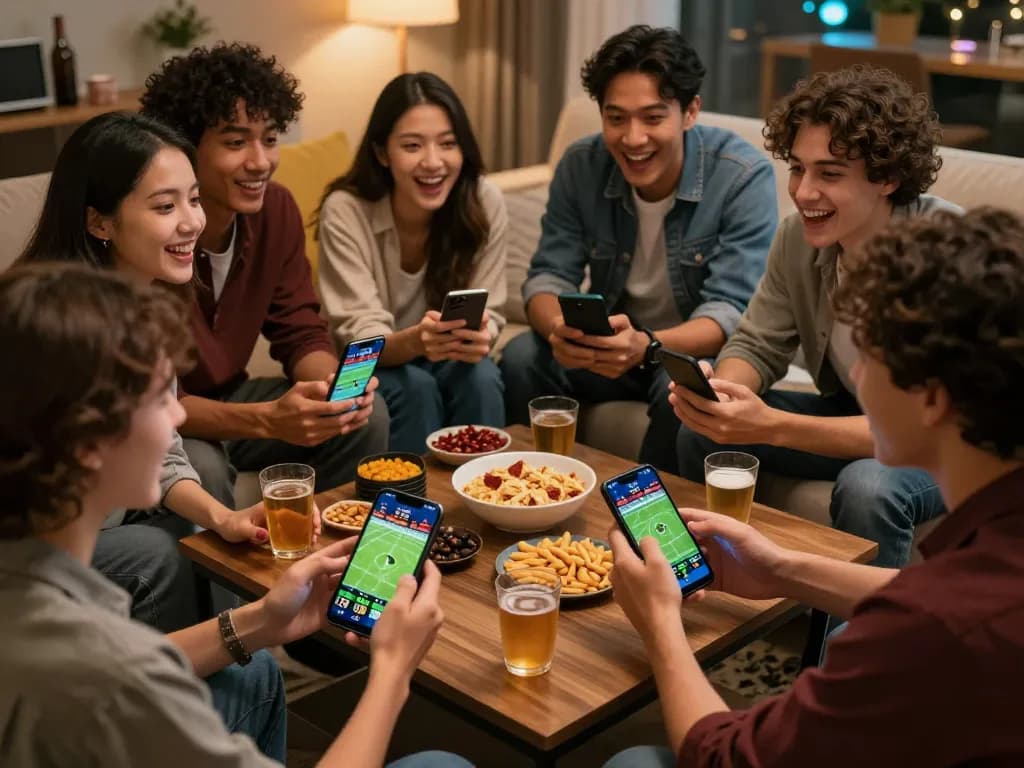 KÈO TRỰC TUYẾN sports betting scene with friends analyzing odds and enjoying live football match.