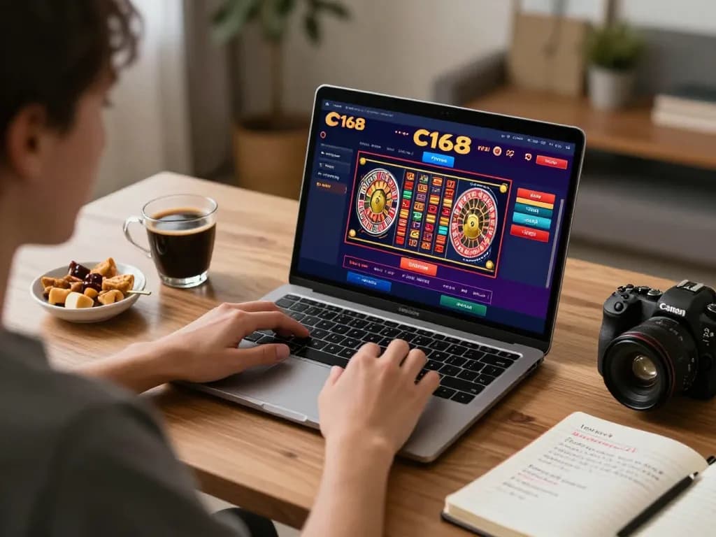 C168 player engaged in online gambling from a cozy home office, showcasing laptop screen with casino games.