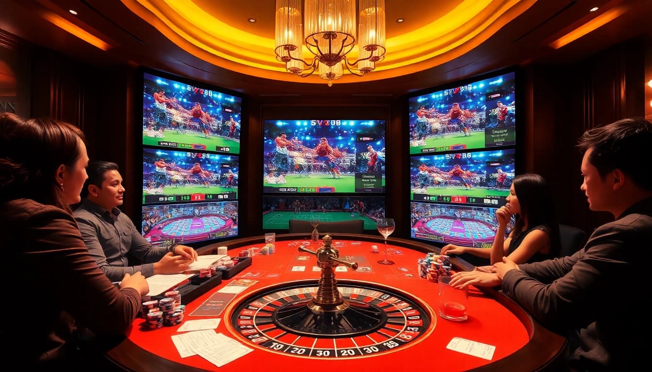 Engage in the excitement of SV388 đá gà with players betting at a vibrant casino table.