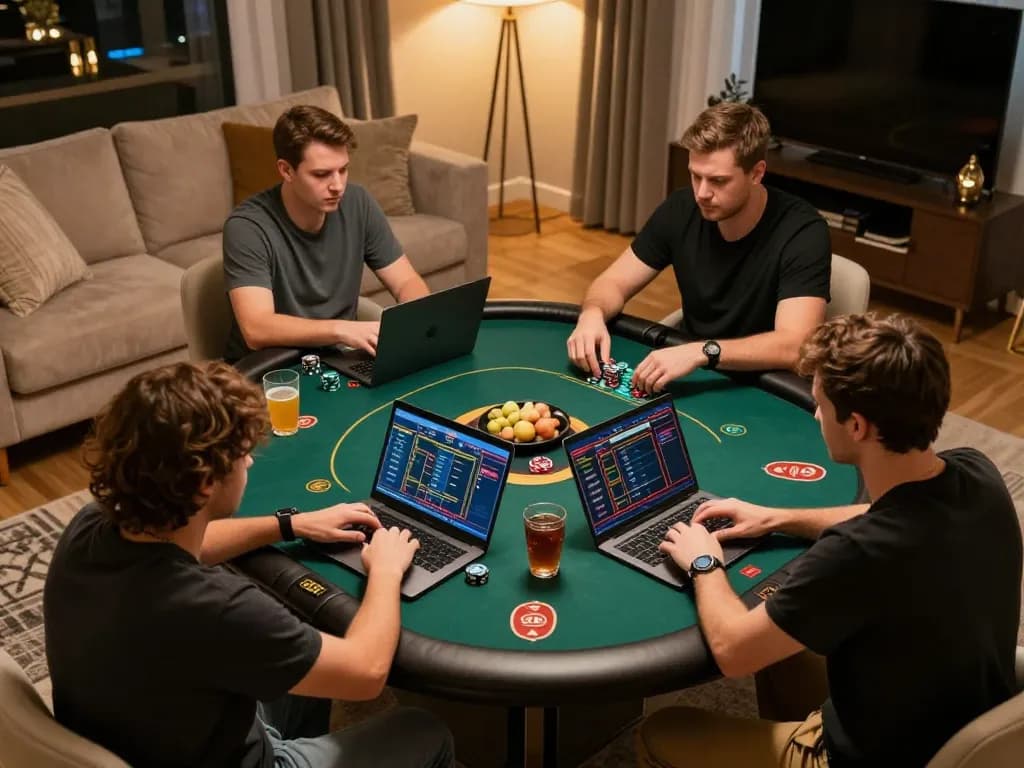 Players enjoying an engaging online poker game with 99Win in a cozy living room setting.